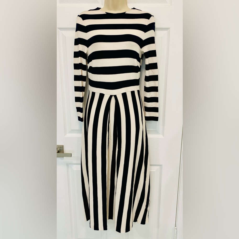 LK BENNETT MARIA NAVY & CREAM BOLD STRIPE JERSEY LONG SLEEVE MIDI  DRESS
